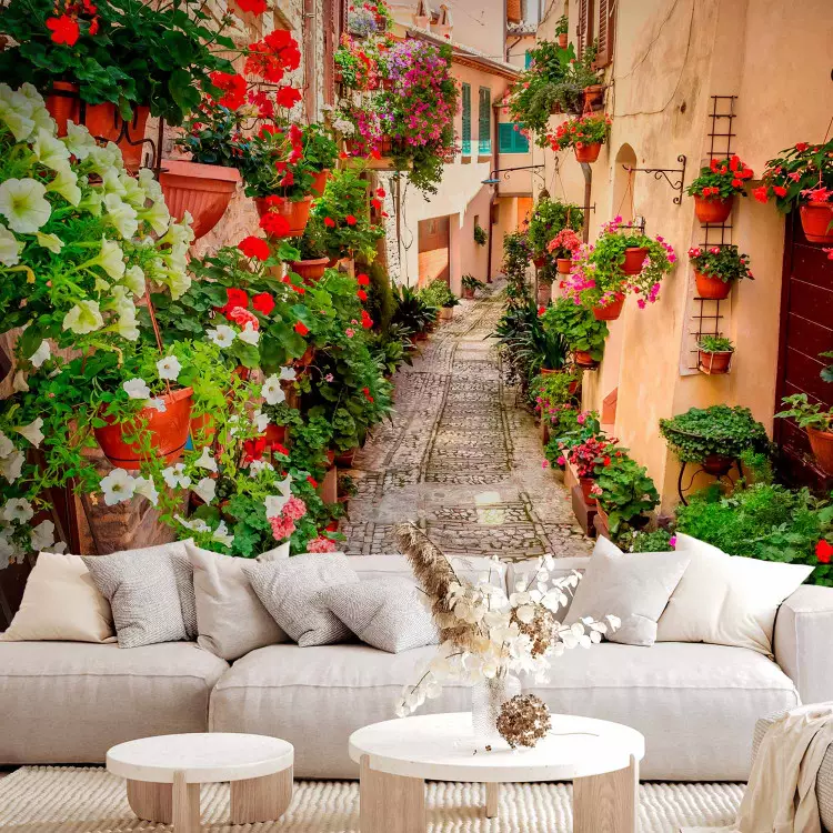 Fotomural Umbria - paisaje mediterráneo con arquitectura colorida y flores