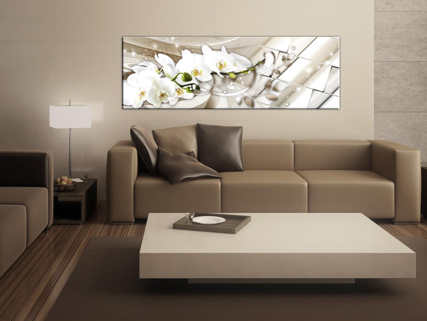 Cuadro Orquídea y abstracción - flor blanca sobre fondo beige abstracto
