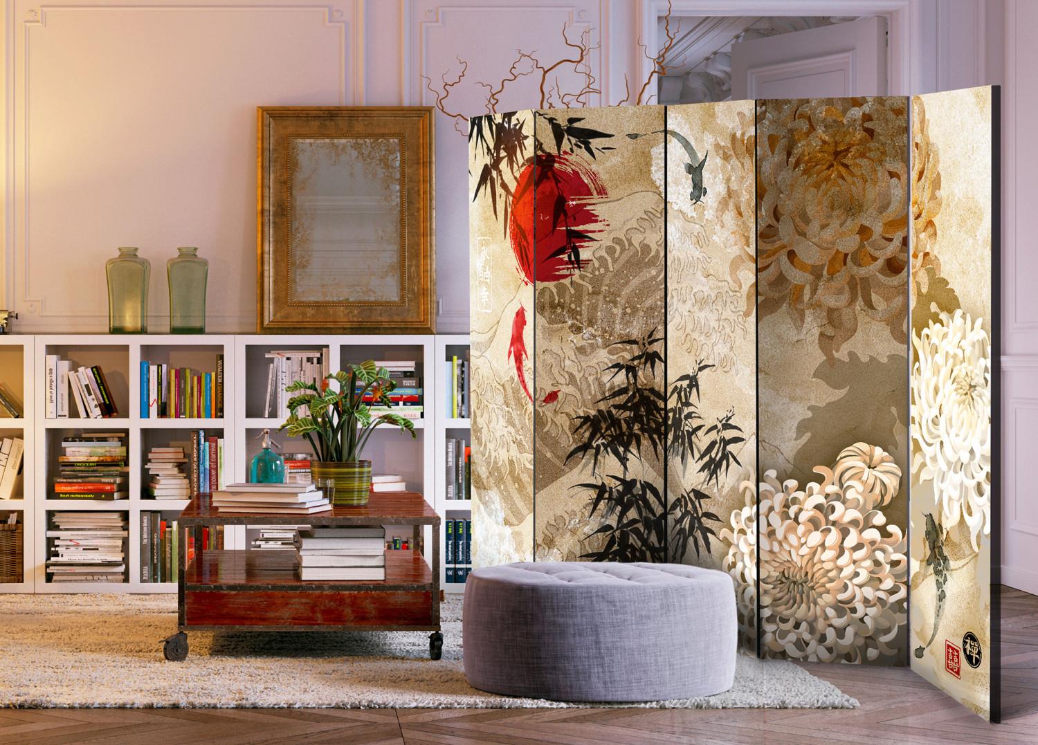 Biombo decorativo Danza Piscis II - textura beige motivos orientales peces flores