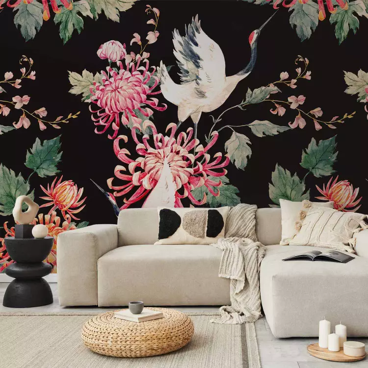 Fotomural decorativo Tierra de libertad - pájaros y flores coloridos en fondo negro