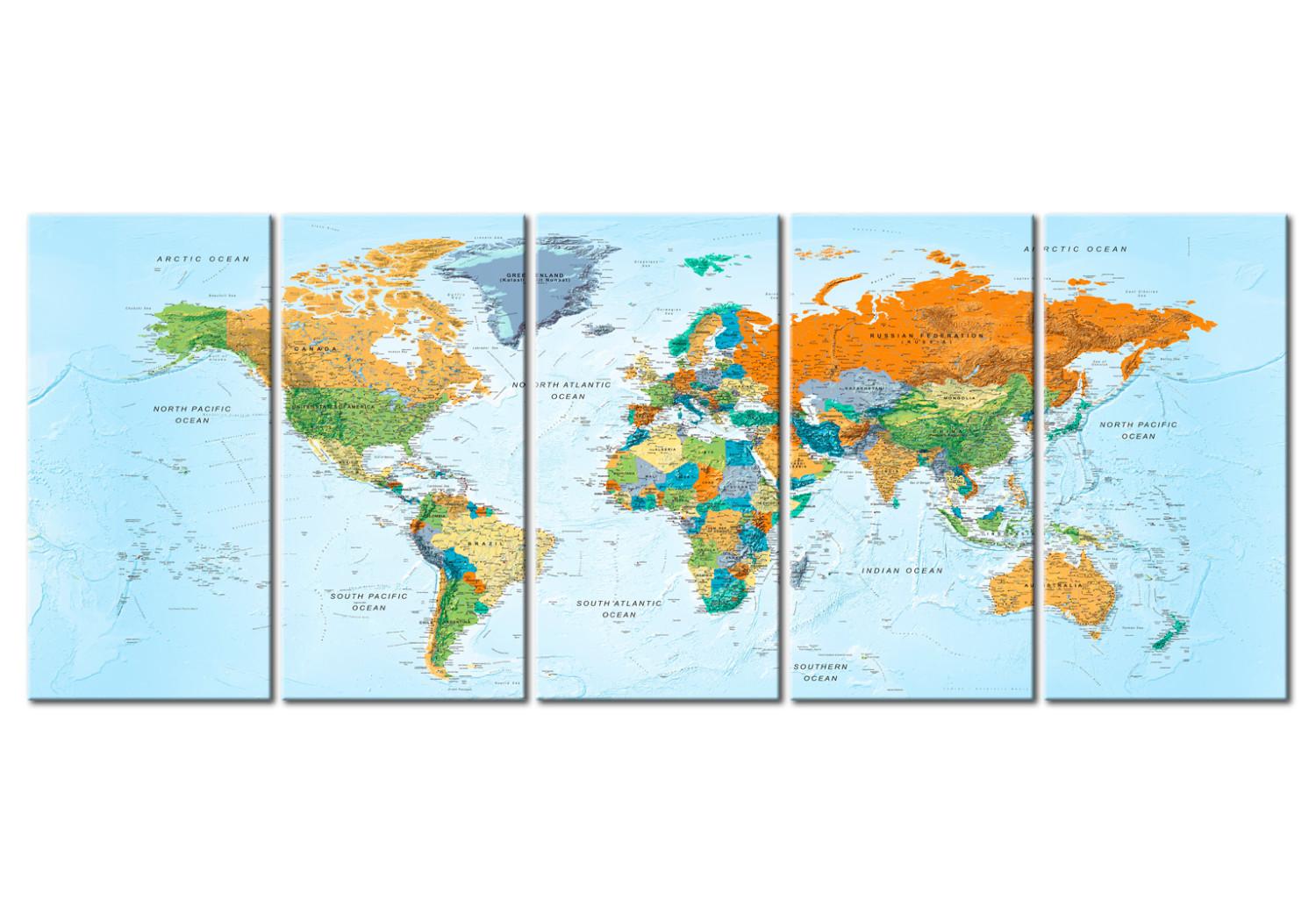 Cuadro decorativo Mapa del mundo (5 piezas) - siete continentes en color