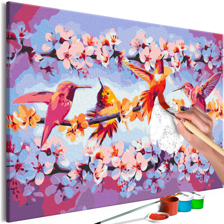 Cuadro numerado para pintar Chirping - Colorful Hummingbirds and Purple Flowering Twigs 144610 additionalImage 4