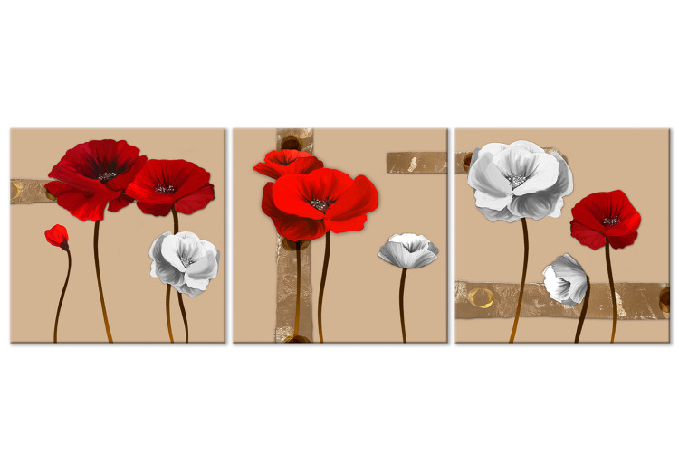 Cuadro Amapolas blancas y rojas - tríptico con flores sobre un fondo marrón 128831