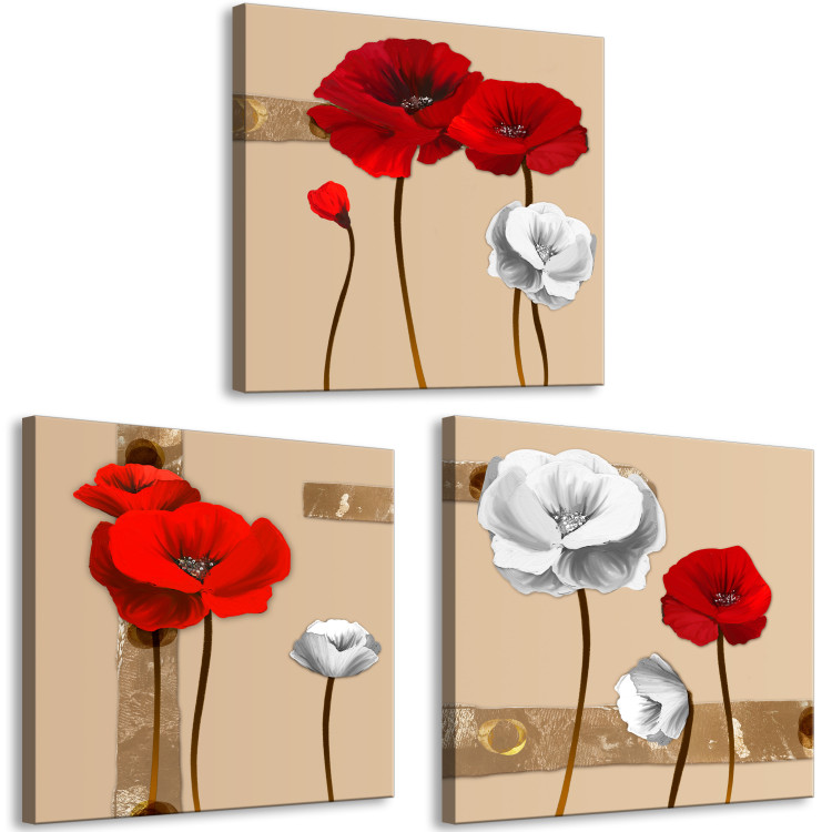 Cuadro Amapolas blancas y rojas - tríptico con flores sobre un fondo marrón 128831 additionalImage 2