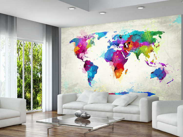 Fotomural decorativo Explosión de colores - mapa del mundo con motivos en acuarela 59962