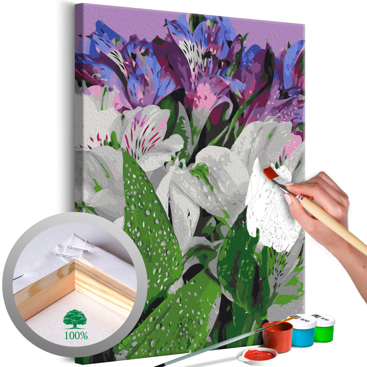 Cuadro para pintar por números Wild Tulips - Blooming White and Purple Flowers, Green Leaves 146204