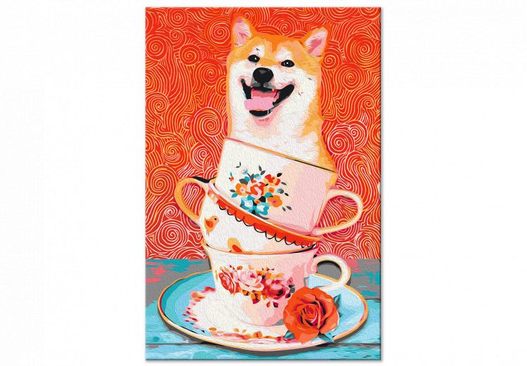 Cuadro numerado para pintar Cheerful Dog - Laughing Shiba and Teacups on a Red Background 144524 additionalImage 7