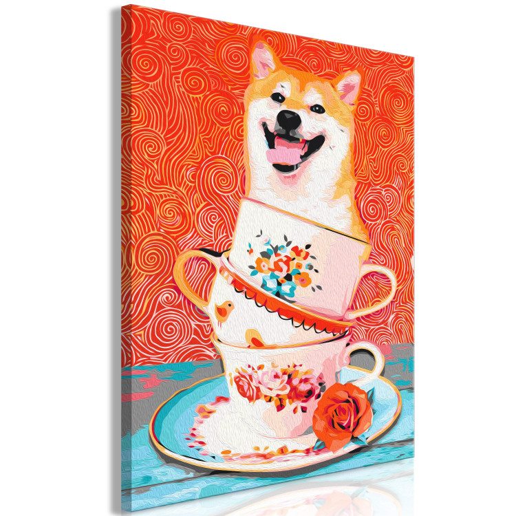 Cuadro numerado para pintar Cheerful Dog - Laughing Shiba and Teacups on a Red Background 144524 additionalImage 4