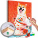 Cuadro numerado para pintar Cheerful Dog - Laughing Shiba and Teacups on a Red Background 144524