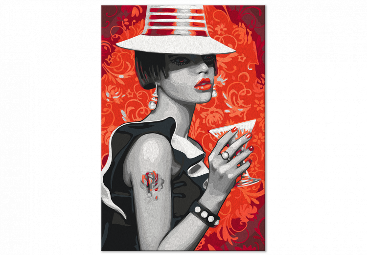 Cuadro numerado para pintar Gangster Girl - Woman With a Hat and a Drink on a Red Background 144135 additionalImage 6