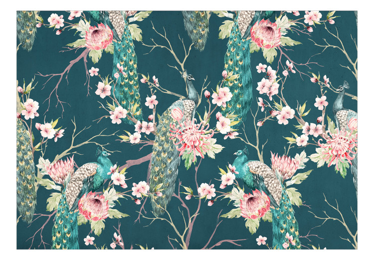Fotomural Nobles pavos reales - motivo de pájaros en ramas con patrones florales 142436 additionalImage 1