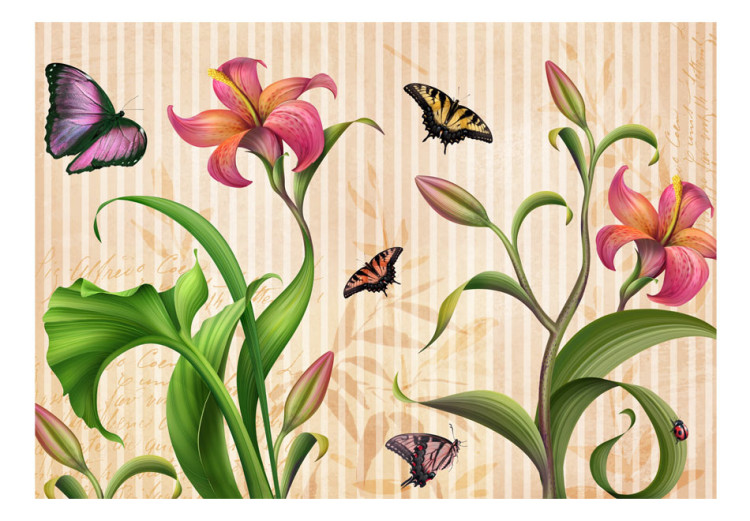 Fotomural decorativo Vintage - primavera y zoom a flores con mariposas estilo esbozo 60676 additionalImage 1