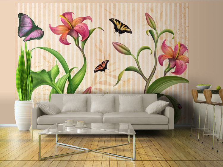 Fotomural decorativo Vintage - primavera y zoom a flores con mariposas estilo esbozo 60676