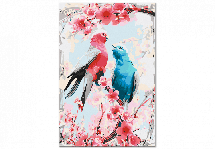 Cuadro para pintar por números Enamored Pink and Blue - Lovely Parrots Sitting on Branch and Pink Flowers 144617 additionalImage 4