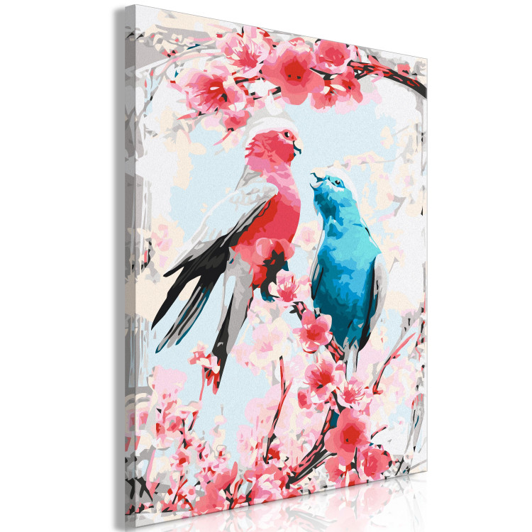 Cuadro para pintar por números Enamored Pink and Blue - Lovely Parrots Sitting on Branch and Pink Flowers 144617 additionalImage 6