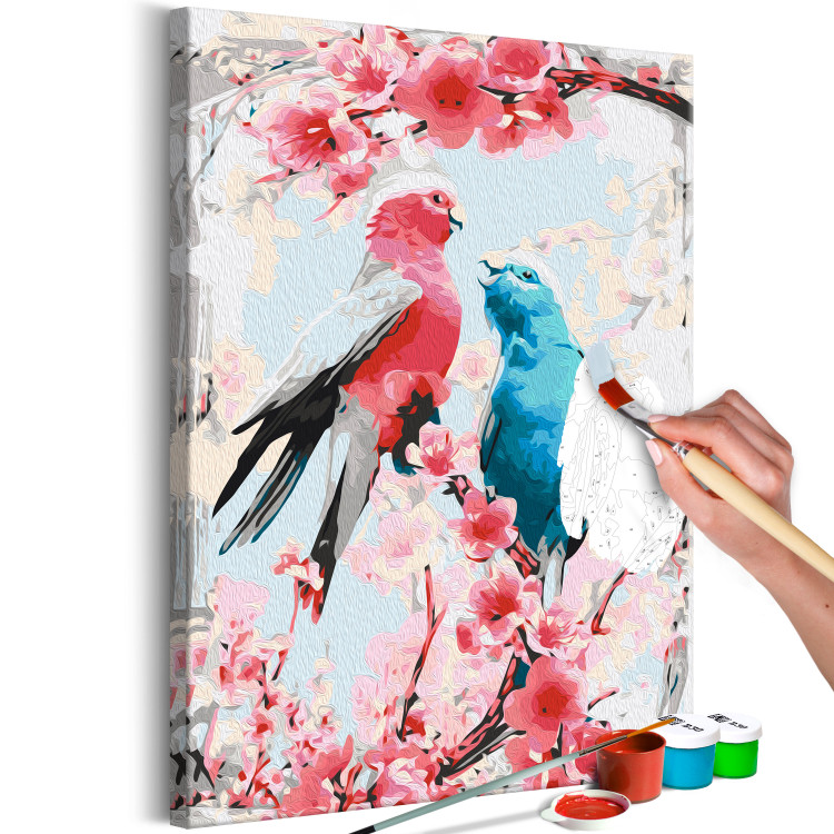 Cuadro para pintar por números Enamored Pink and Blue - Lovely Parrots Sitting on Branch and Pink Flowers 144617 additionalImage 5