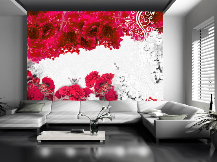 Fotomural a medida Colores de primavera roja - abstracción con flores y mariposas 60747