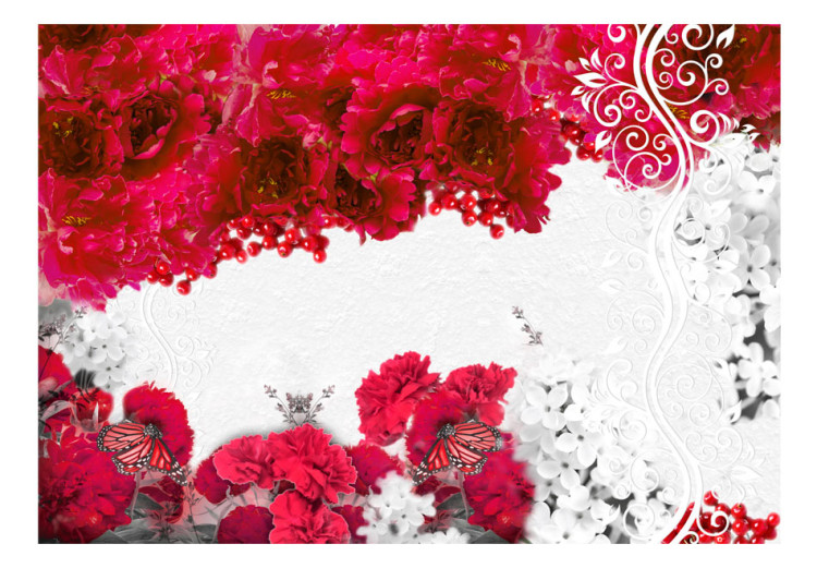 Fotomural a medida Colores de primavera roja - abstracción con flores y mariposas 60747 additionalImage 1